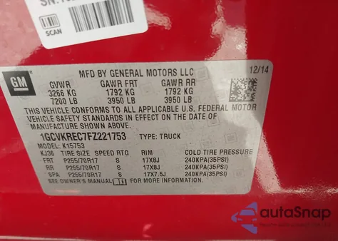 2015 Chevrolet Silverado 1500 1Lt from USA, damaged, VIN 1GCVKREC7FZ221753